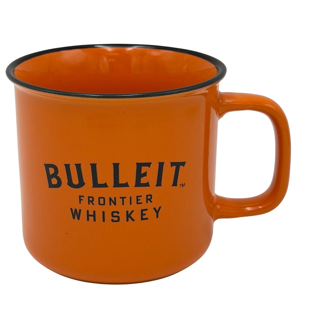 Bulleit Frontier Whiskey Orange Campfire Style Ceramic Coffee Mug Black Rim 12oz